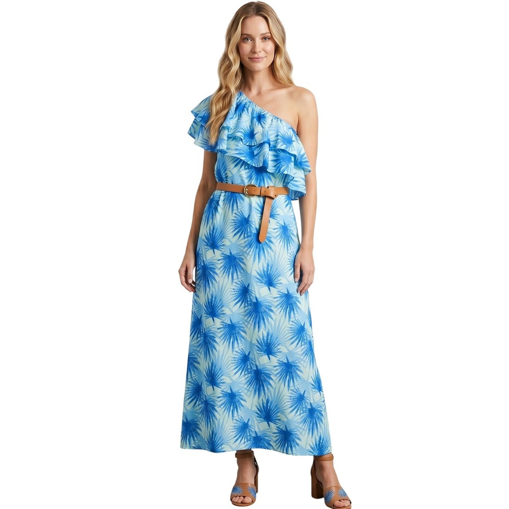 VINEYARD VINES Silk Blend Ruffle One-Shoulder Dress Blue Palm Leaf Size 2 $198 - Picture 2 of 7